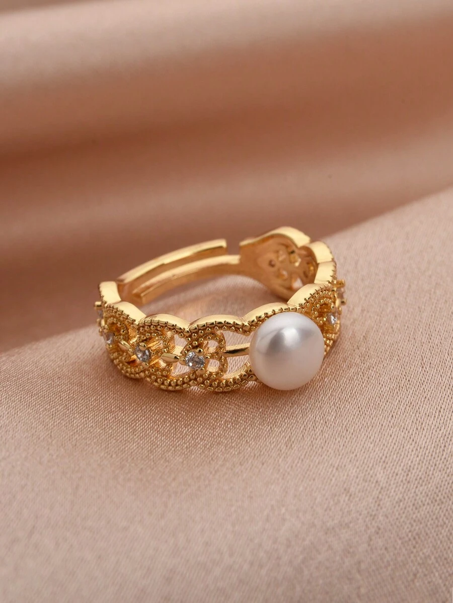 1 Stück 18 Karat vergoldeter Ring mit natürlicher Perle & kubischem Zirkonia, verstellbar für Frauen