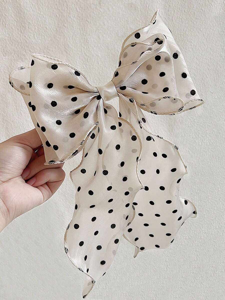 1pc Beige Polka Dot Print Mesh Oversized Bow Hair Clip With Wave Ribbon, Spring Elegant And Gentle Hair Accessory Valentine's Day, School Stuff, College