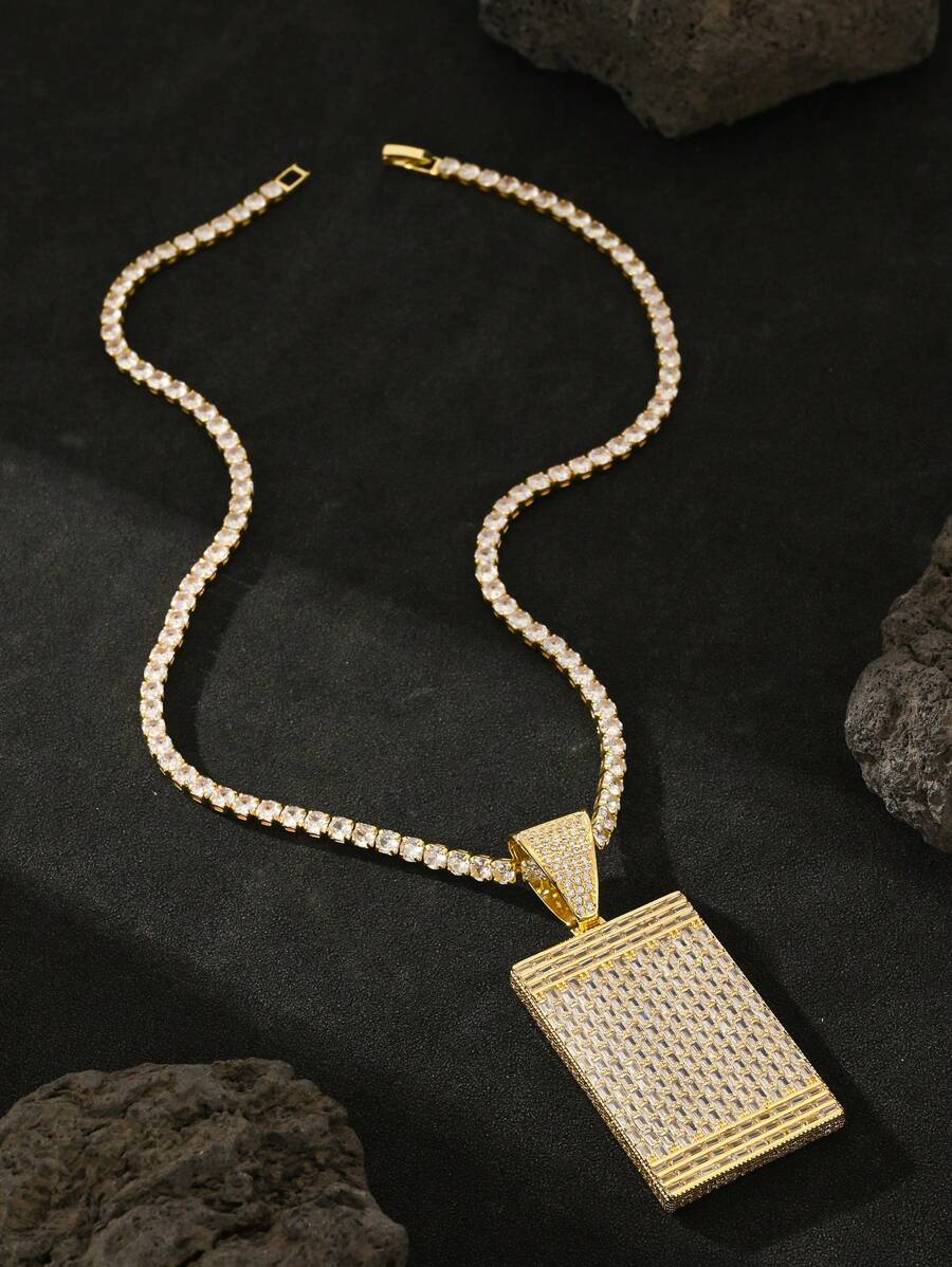 1pc Hip Hop Iced Out Men's Gift Accessories Punk Style Plating Platinum Plating Cuboid Simple Tag Rhinestone Pendant Necklace High Quality Luxury Gorgeous Zirconia Oxide 4mm 20 Inch Tennis Necklace Rock Style Couple Jewelry