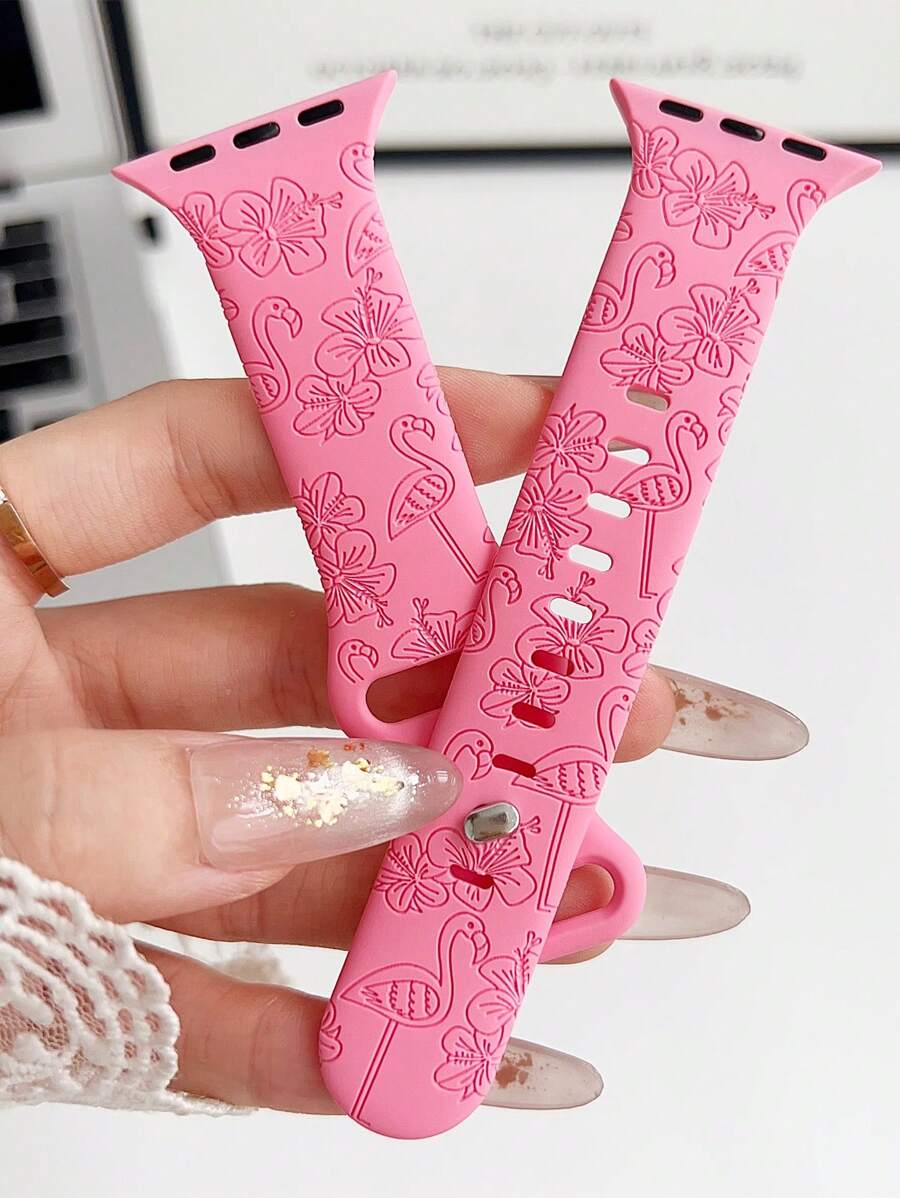 1pc Soft And Comfortable Silicone Watch Band With Carved Flamingo And Flower Design, Compatible With Apple Watch, Replacement Sport Wrist Strap Compatible With Apple Watch Series Ultra 2 SE 9 8 7 SE 6 5 4 3 2 1, Size 38mm 40mm 41mm 42mm 44mm 45mm 49mm Valentines