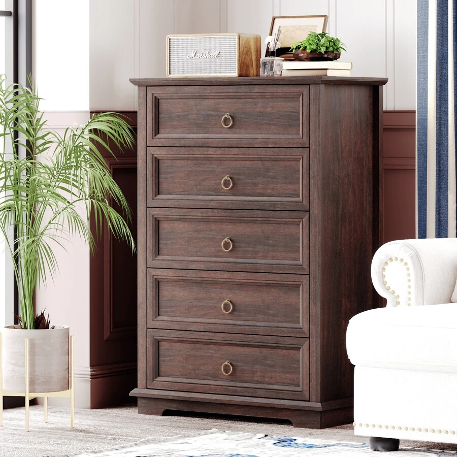 47.3" H Dressers Chest Of Drawers, Double Anti-Tip, 5 Drawers Dresser For Bedroom, Tall Dresser For Closet, Wood Vintage Dresser, Dresser Organizer For Bedroom, Living Room, Hallway