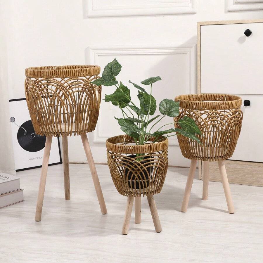 1pc Woven Flower Pot Rack Imitation Rattan Floor-Standing Shelving Unit For Living Room And Balcony, Indoor Bamboo Woven Flower Basket Plant Holder
