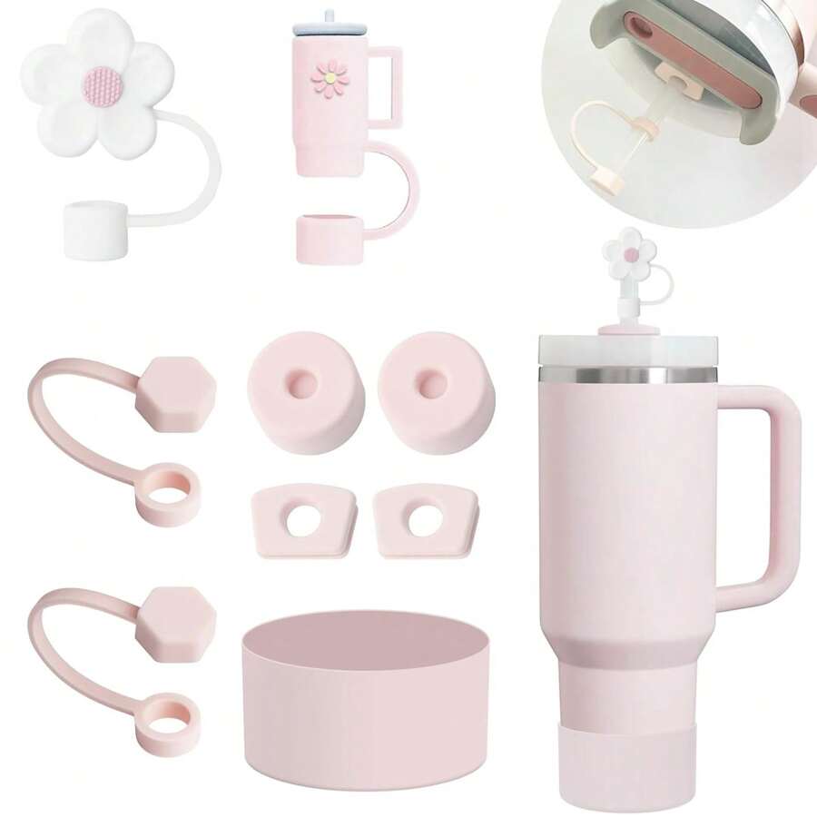 Juego de 9 accesorios para taza, que incluye 6 tapones antiderrame de silicona, 2 tapas para cubrir pajitas de 9-10 mm, y 1 bota de silicona para tumbler de 40oz y 30oz