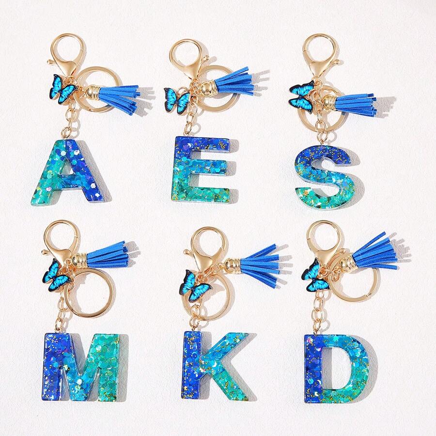 1pc Blauw Informeel Dames Schattig Kwastje Vlinderhanger Sleutelhanger Gradiënt Pailletten Letter Sleutelhangerhanger met glitter, Eerste detail - Geschikt als cadeau voor vrienden
