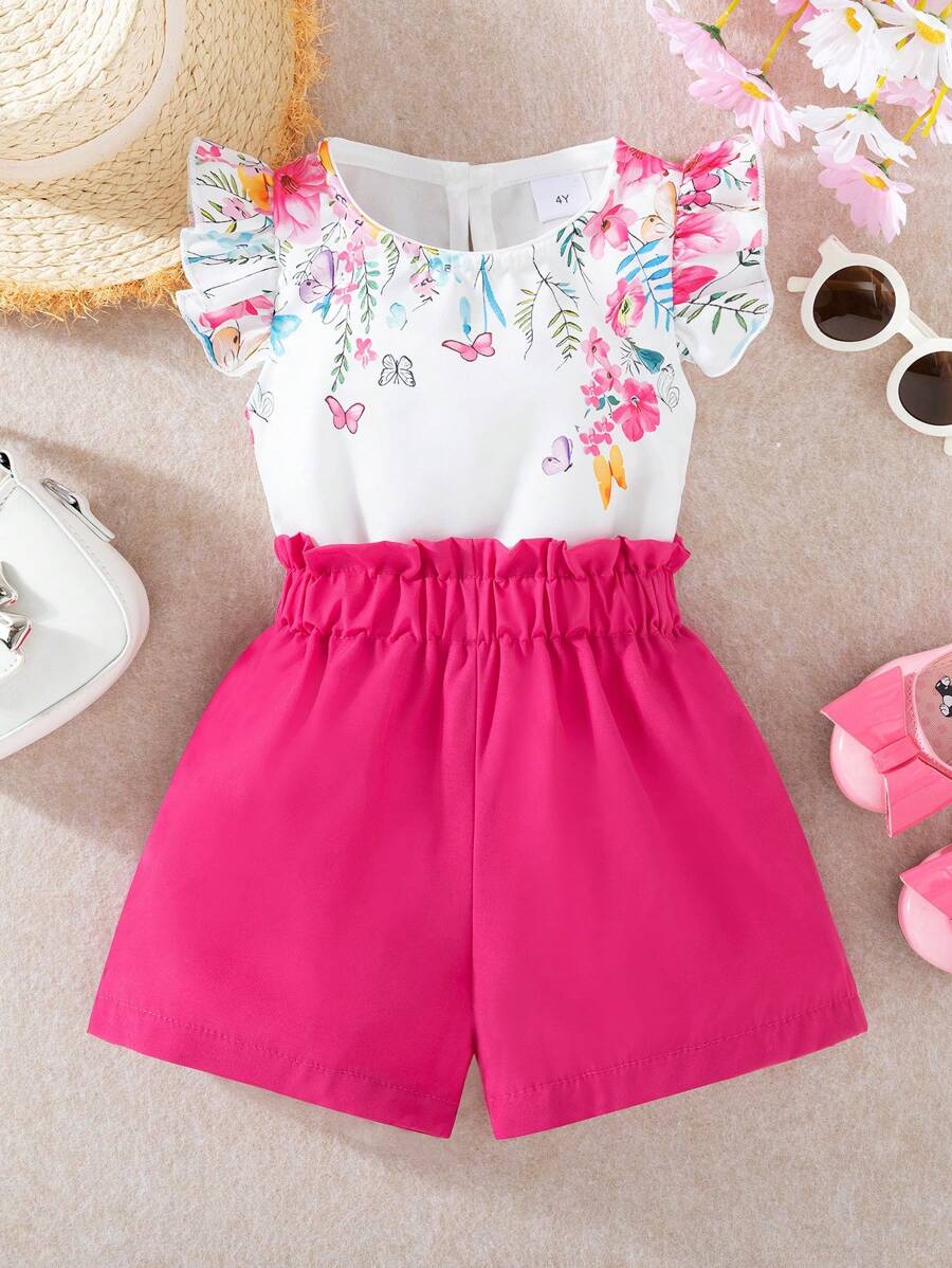 Young Girl Floral Flutter Sleeve Top And Solid Color Shorts Summer Casual Outfit