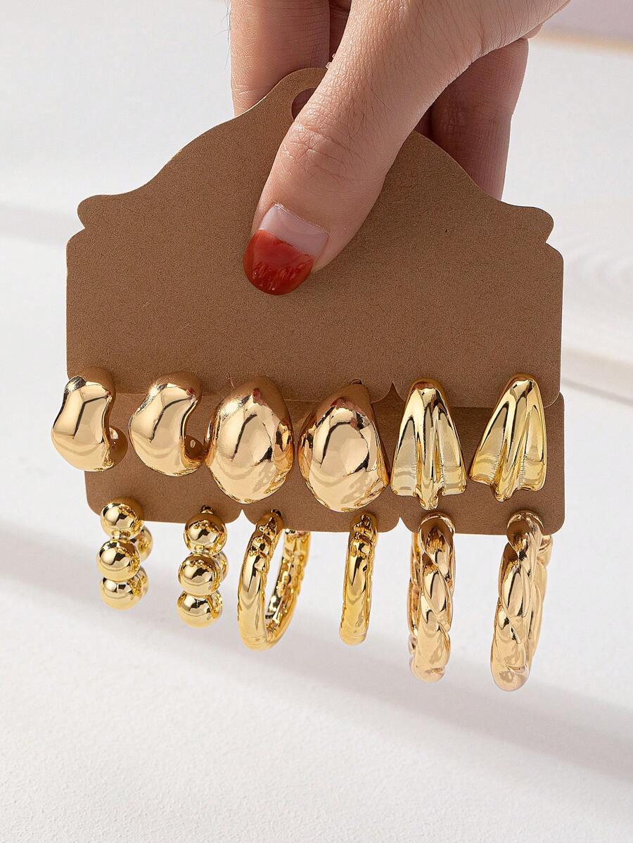 6 Pairs Golden Silver Color Chunky CCB Basic Design Daily Wear Minimalist Classic Hoops Earrings Set For Women