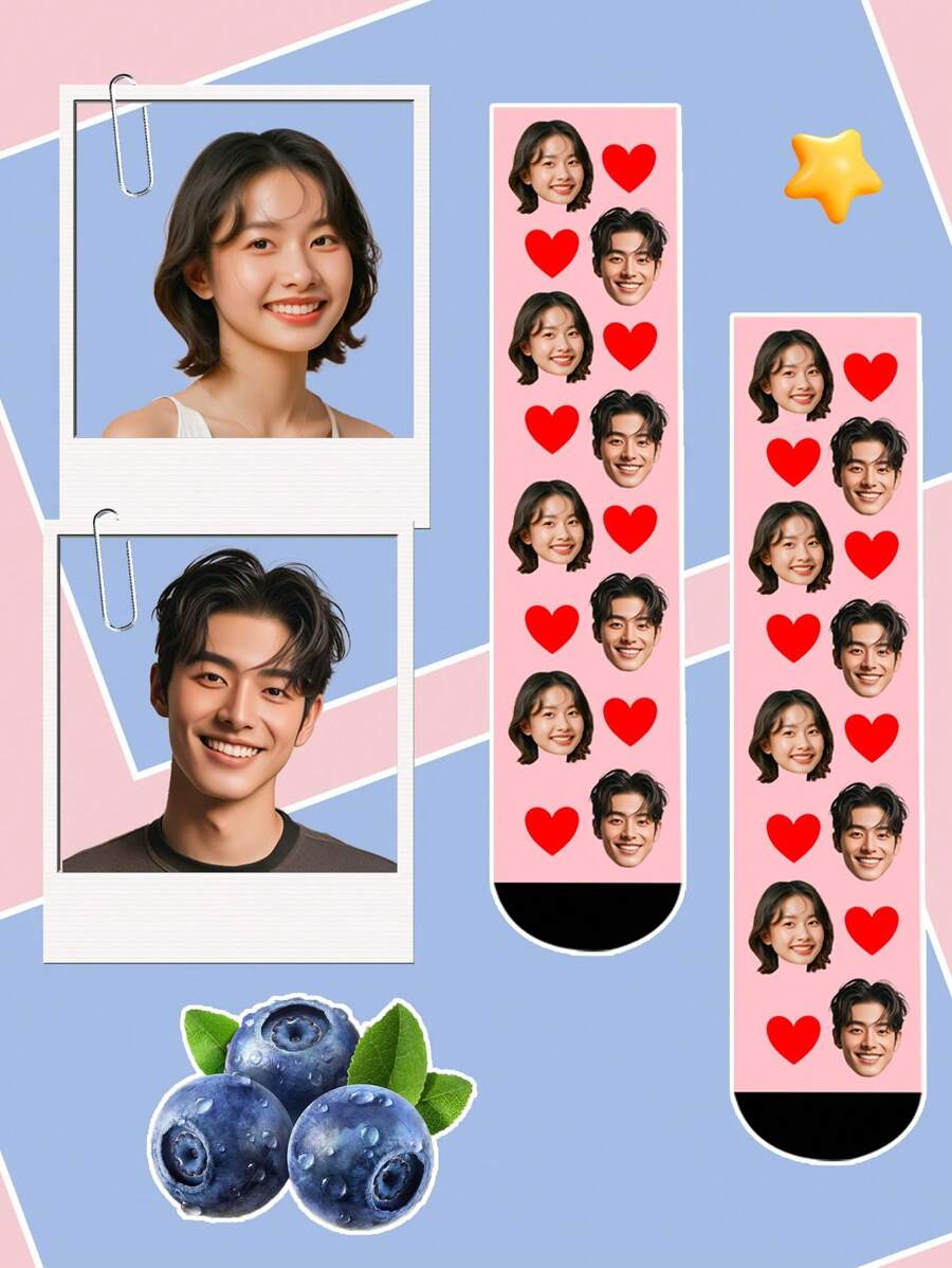 1 paar op maat gemaakte damessokken tot halverwege de kuit, zet elk gezicht op sokken, gepersonaliseerde hartvormige sokken met foto, grappige op maat gemaakte paar sokken, perfect voor Valentijnsdag, verjaardagscadeau en andere gelegenheden