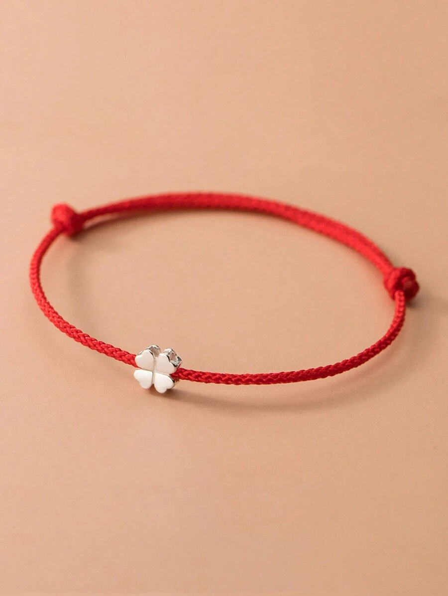 HuooNew 1 pièce Bracelet tressé en corde rouge avec charm trèfle simple en argent sterling 925, ajustable, convient pour un port quotidien