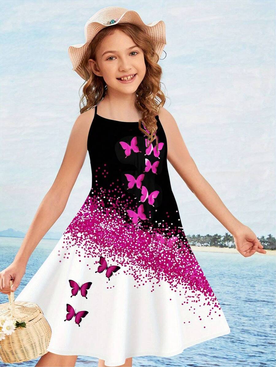 Young Girl Butterfly Graphic Cross Back Cami Dress Summer Clothes Beach Vacation