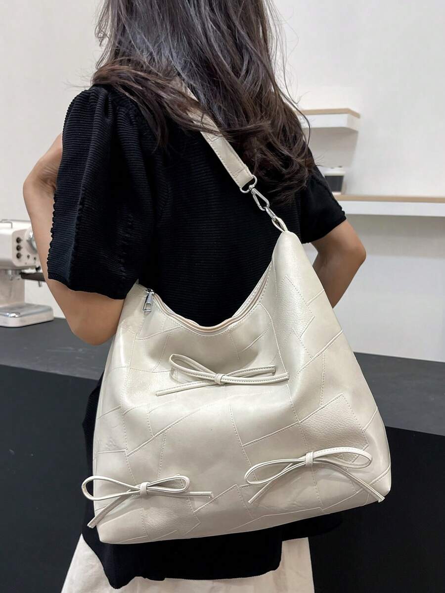 Fashionable Solid Color Bow Decoration Large Bag, Simple Shoulder Bag, Suitable For Shopping, Wallets, Shopping, Young Women, College Students, Newcomers, White-Collar Workers. They Are Very Suitable For Offices, Universities, Work, Business, Commuting, Outdoor, Travel, And Outings