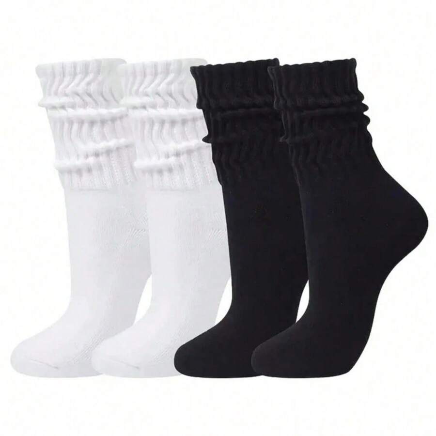 Sports Outdoor 3 Pairs Spring And Summer Seasons Women's Classic Calf Socks ,Women's Mid Tube Socks Stacked Socks,Breathable & Comfy Mid Tube Socks,Comfy & Breathable All-Match Socks, Solid Color Sports Socks, Plus Size Solid Slouchy Comfort Mid-Calf Socks For Daily Use