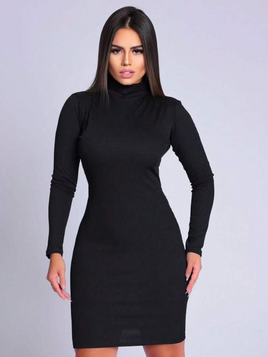 Vestido Manga Longa Gola Alta Feminino Canelado