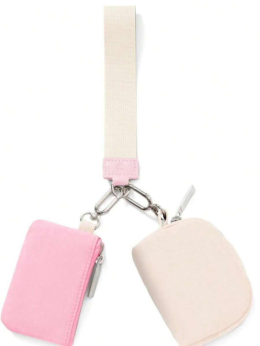 1 pieza Billetera llavero de doble bolsillo, Monedero de muñeca mini, Monedero portátil desmontable con correa para la muñeca, Carteras pequeñas, Bolsas de almacenamiento mini que ocupan menos espacio y son talla grande ligeras. Se puede guardar fácilmente en bolsillos, mochilas y bolsos, y es un excelente accesorio para diferentes escenarios como viajes, fitness y compras - Color rosa + beige