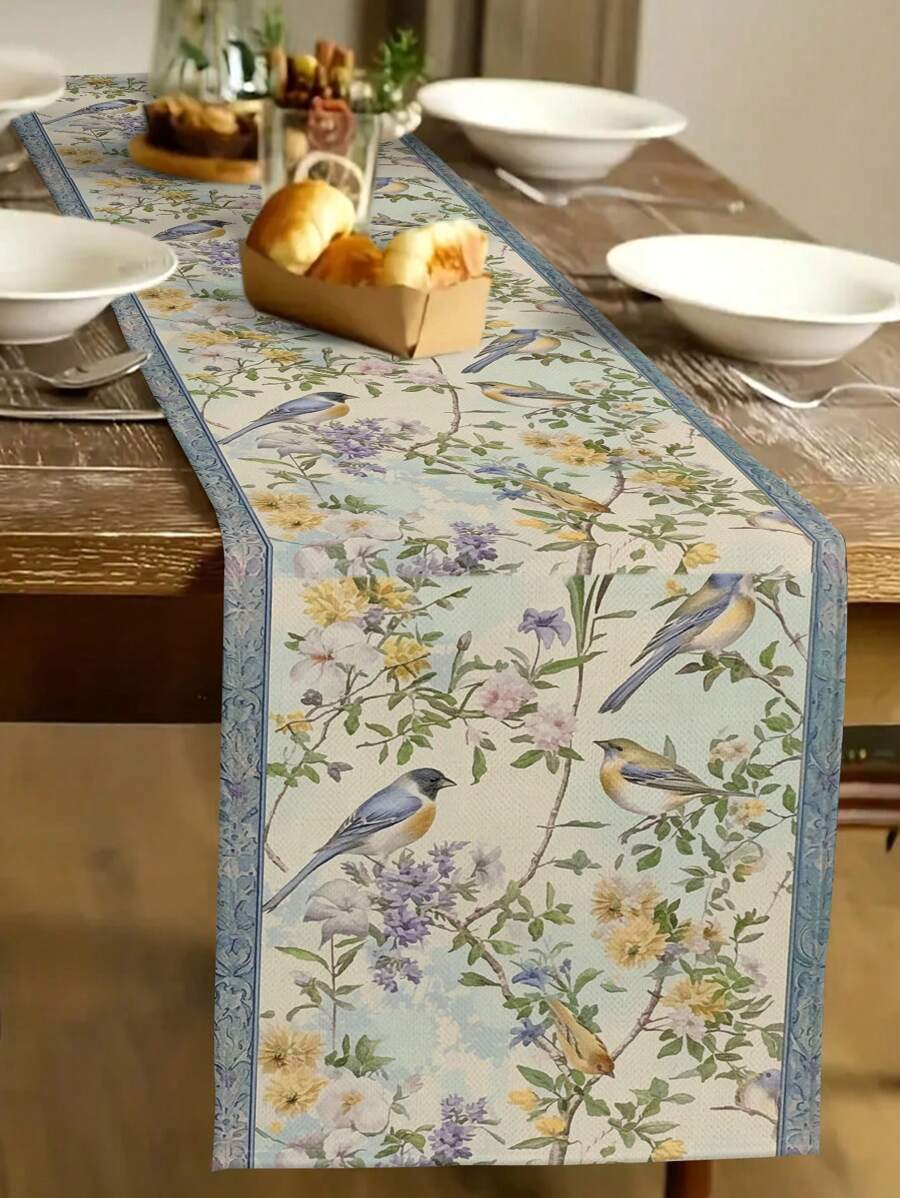 1 Stück Tischläufer mit Vogelmuster, Landhausstil, 33cm * 183cm / 13 Zoll * 72 Zoll Rechteckform, einseitig Muster, Tischläufer für Heimdekoration, Küchendekoration, einfach und elegant, geeignet für Heimküchendekoration und Event-Partydekoration