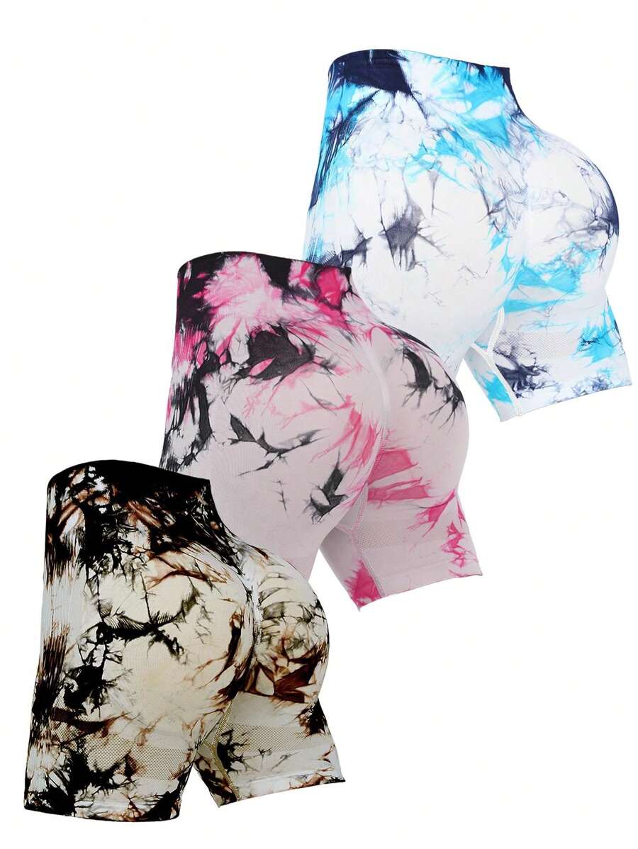 3 pezzi Pantaloncini per l'allenamento Tie-Dye per le donne, pantaloncini da biker aderenti per sollevamento del sedere a vita alta per yoga e palestra senza soluzione di continuità, attrezzatura sportiva da donna