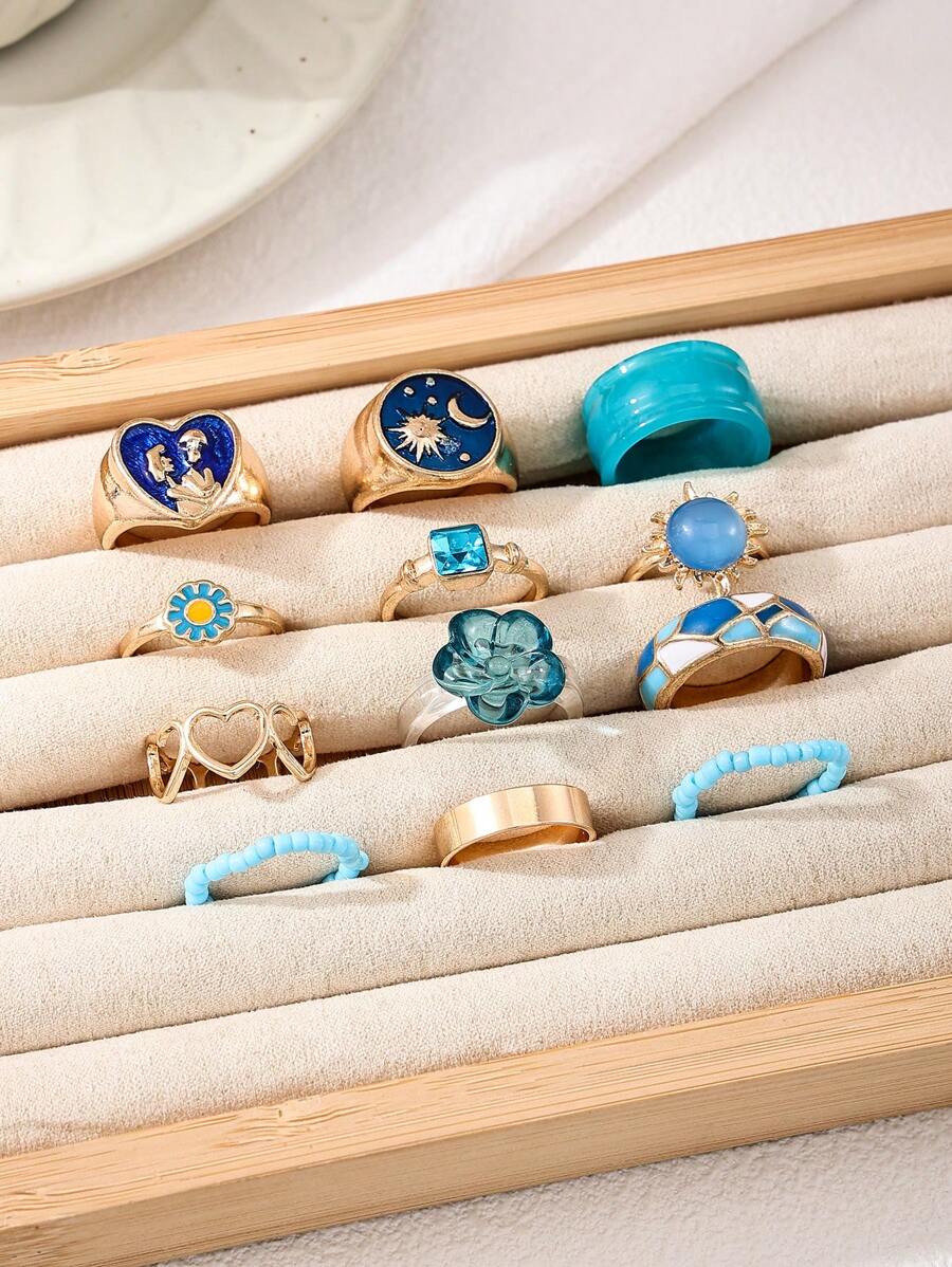 12pcs/Set Cute Dopamine Themed Minimalist Geometric Line Rings, Versatile For Commute And Vacation