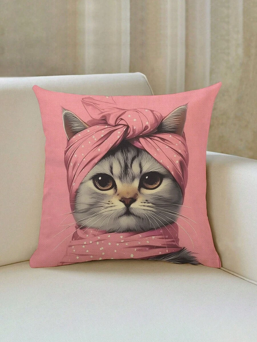1 Stück Niedliche Rosa Katzen bedruckter Leinen Kissenbezug, 45cm*45cm/17,72in * 17,72in Quadratischer Kissenüberzug, weich und bequem, geeignet für die Heimdekoration (Kissenkern nicht inbegriffen)