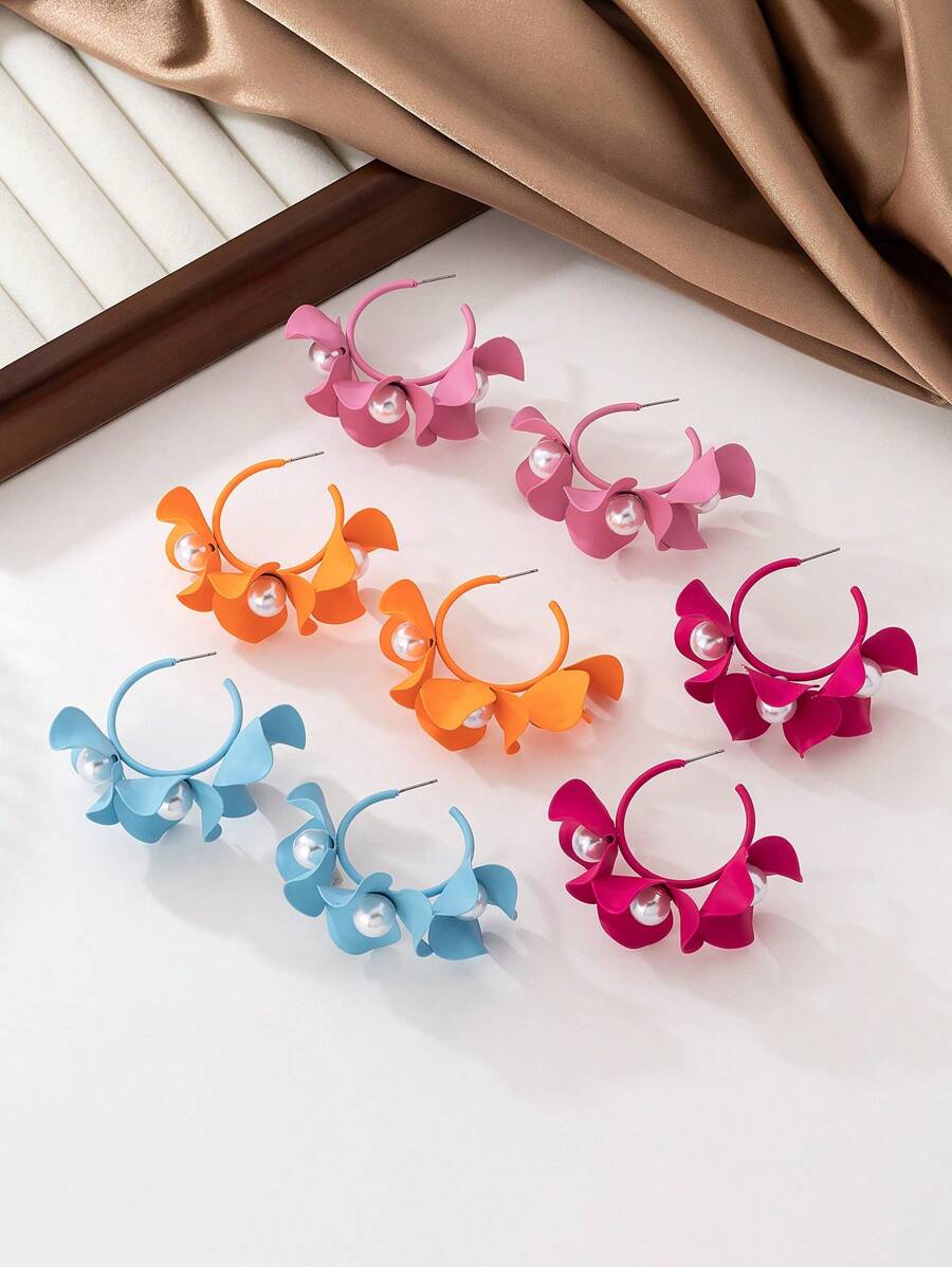 1 Pair Simple & Fashionable Colorful Enamel Pearl Flower Earrings