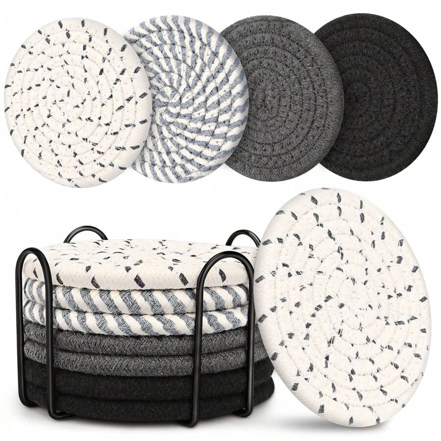 8 pièces de dessous de verre pour boissons, dessous de verre absorbants, dessous de verre tressés pour boissons, dessous de verre tressés, résistants à la chaleur pour table de salon, tasse de bureau, dessous de verre de protection pour table (noir mélange de couleurs)