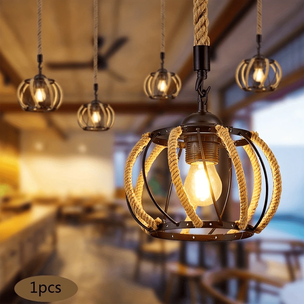 American Country Style Retro Pendant Light, Creative Personality Rustic Hanging Lamp With Rope And Iron, Single Head Pumpkin-Shaped Ceiling Light For Dining Room, Bedroom, Study, Bulb Not Included