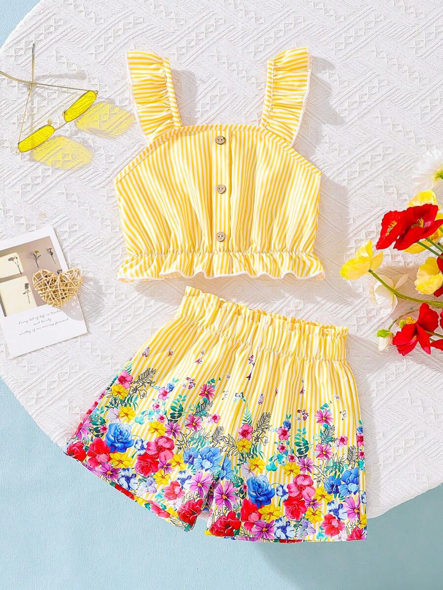 Conjunto de Top de Cintura Estilo Paperbag com Enfeite de Babado e Shorts Estampados com Listras e Flores para Jovem Garota no Verão