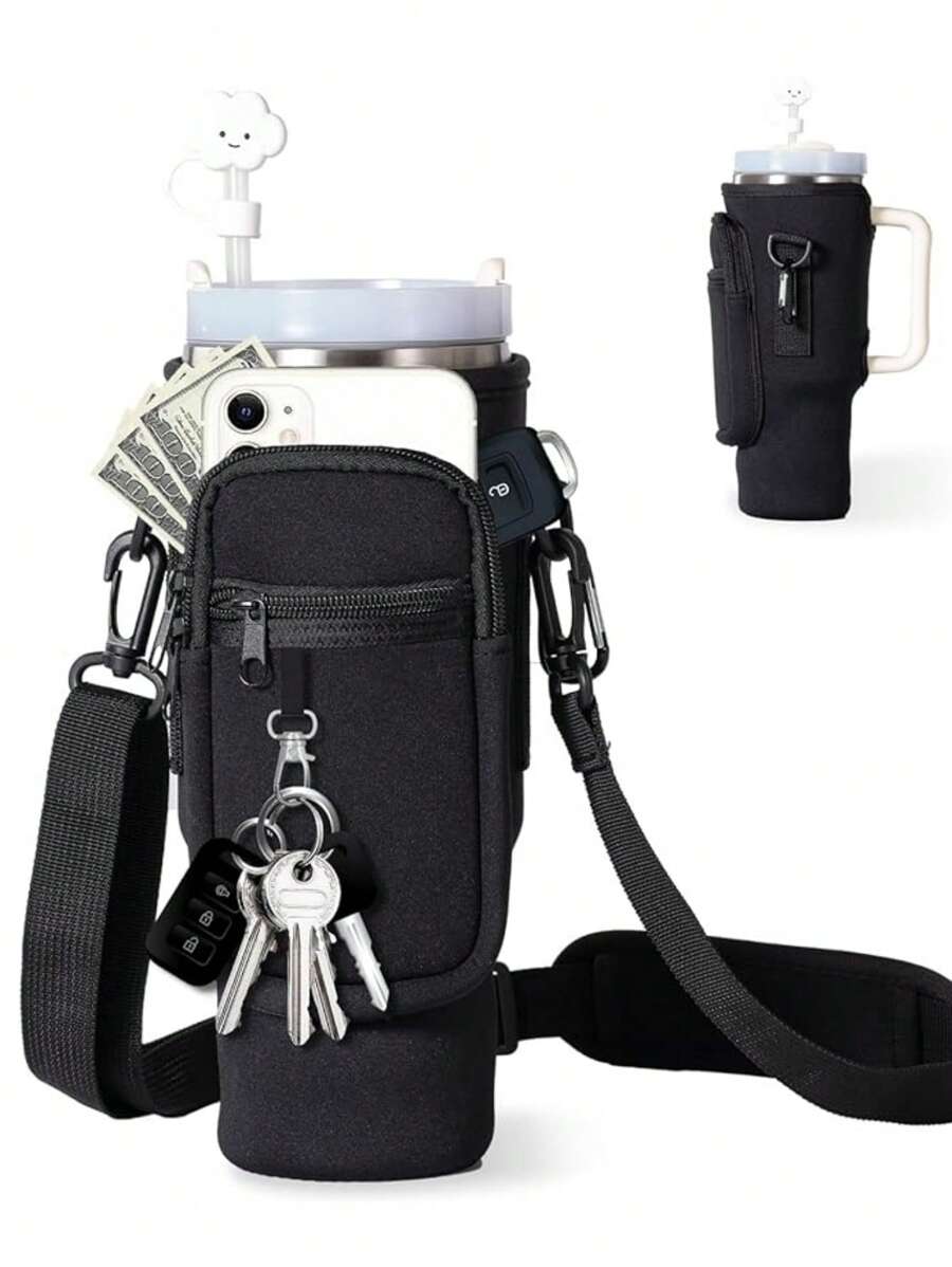 1 pieza Portador de botella de agua de neopreno de 40 onzas con funda para taza, correa ajustable para el hombro y bolsa portadora de botella de agua