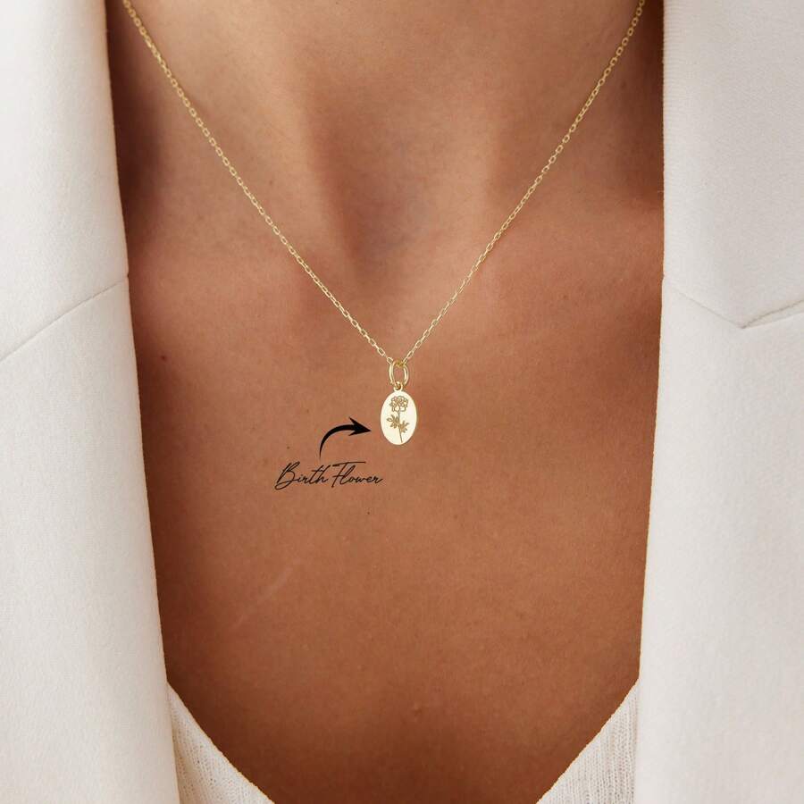 Tiny Birth Flower Necklace, 14k Gold Oval Disc Birth Flower Necklace, Wild Flowers Memorial Necklace, Gift For Her, Birth Flower Jewelry