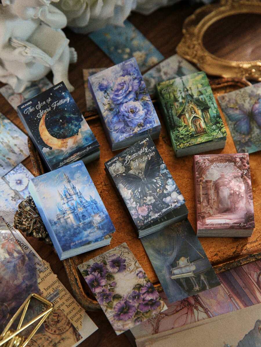 100 Stücke pro Buch Mini Scrapbooking Papier, Lost Ruins Serie, Vintage-traumhafter romatischer Galaxie-Hintergrund Material für Dekoration vom Notizbuch, Bilderrahmen, Handyhülle, Abfall-Journal, Sammelalbum DIY