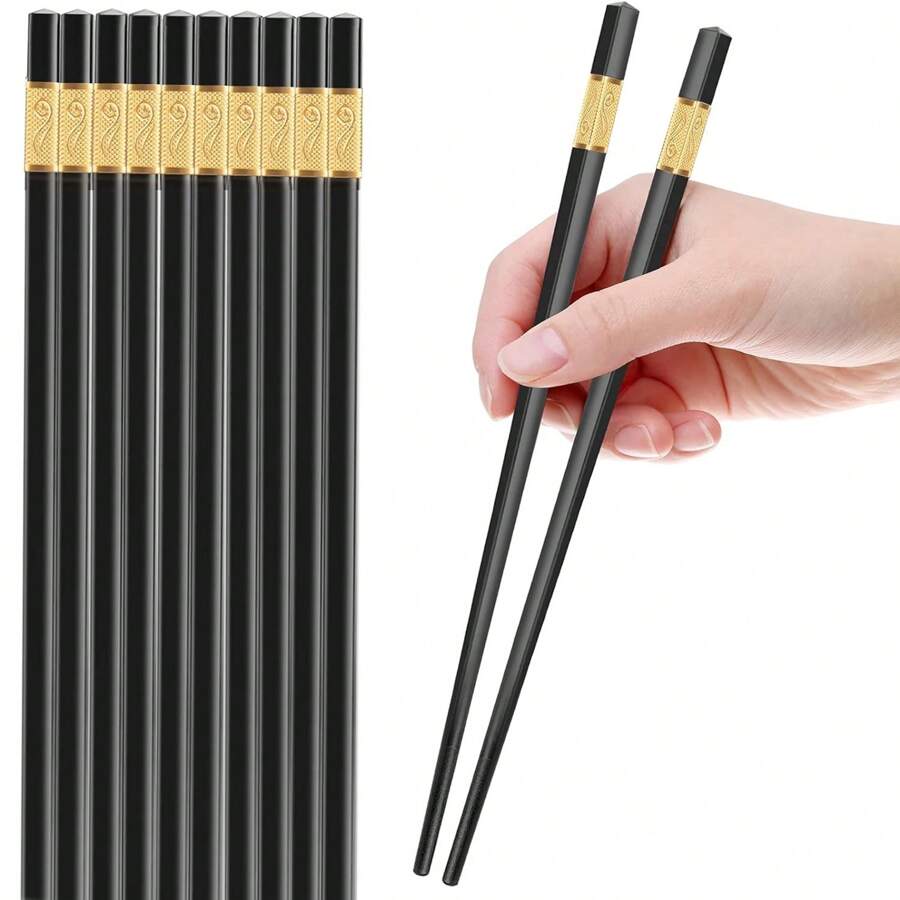 5 Pairs Reusable Chopsticks Dishwasher Safe, 9.5 Inch Fiberglass Chopsticks Set, Japanese Chinese Korean Chopsticks For Food, Non-Slip, Easy To Use (Black Chopsticks), Kitchen, Christmas Gift