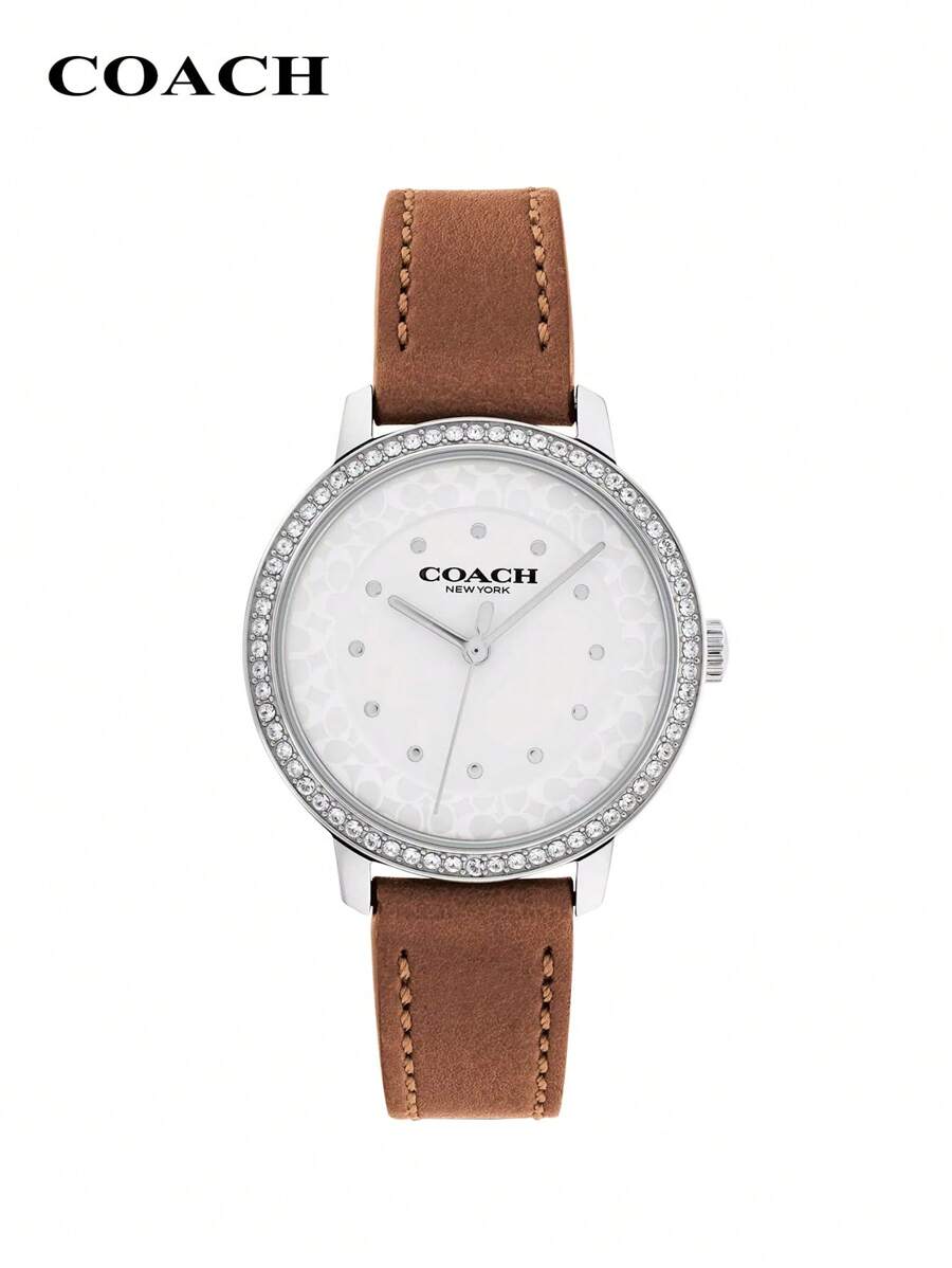Coach Rayden Women Round Watch With Crystal Decorated Bezel, Quartz Watch With Calfskin Strap Bracelet Watch For Daily Business Party Dating Gift For Women Wife Girlfriend Mothe's Day