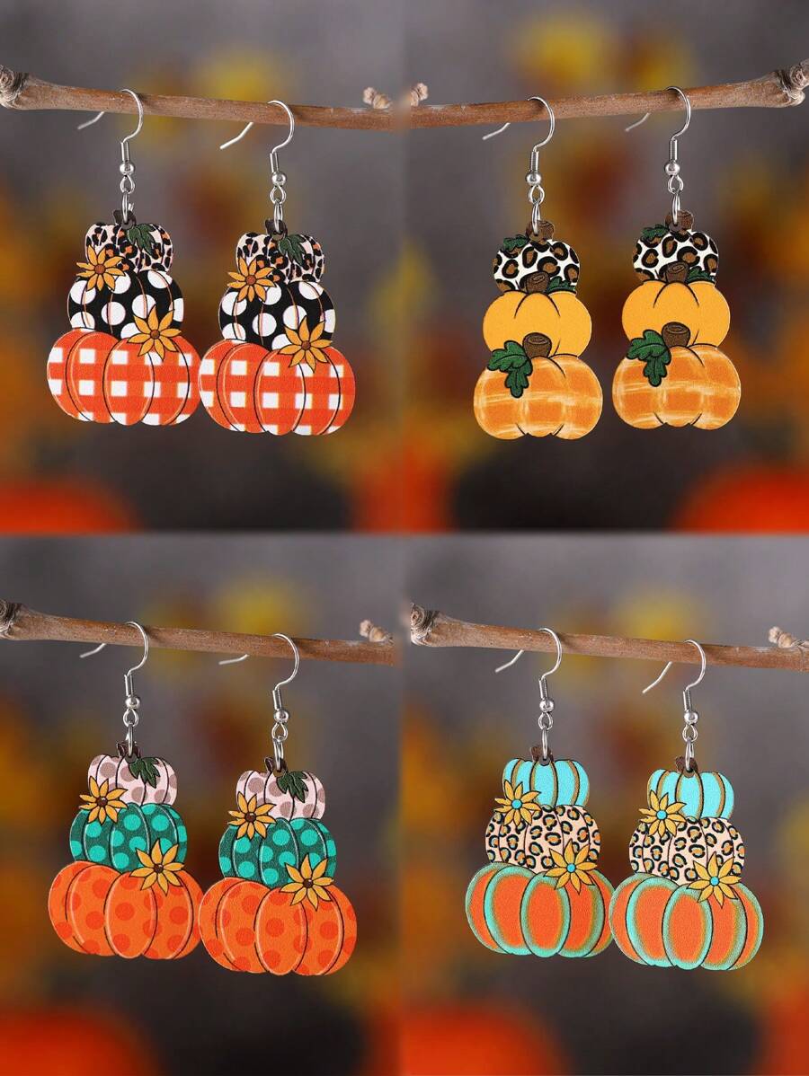 Cercei de Halloween/Ziua Recunoștinței/Recolta pentru femei, cu flori de leopard, dovleac, accesorii vintage pentru urechi din lemn cu două fețe, cadou de petrecere
