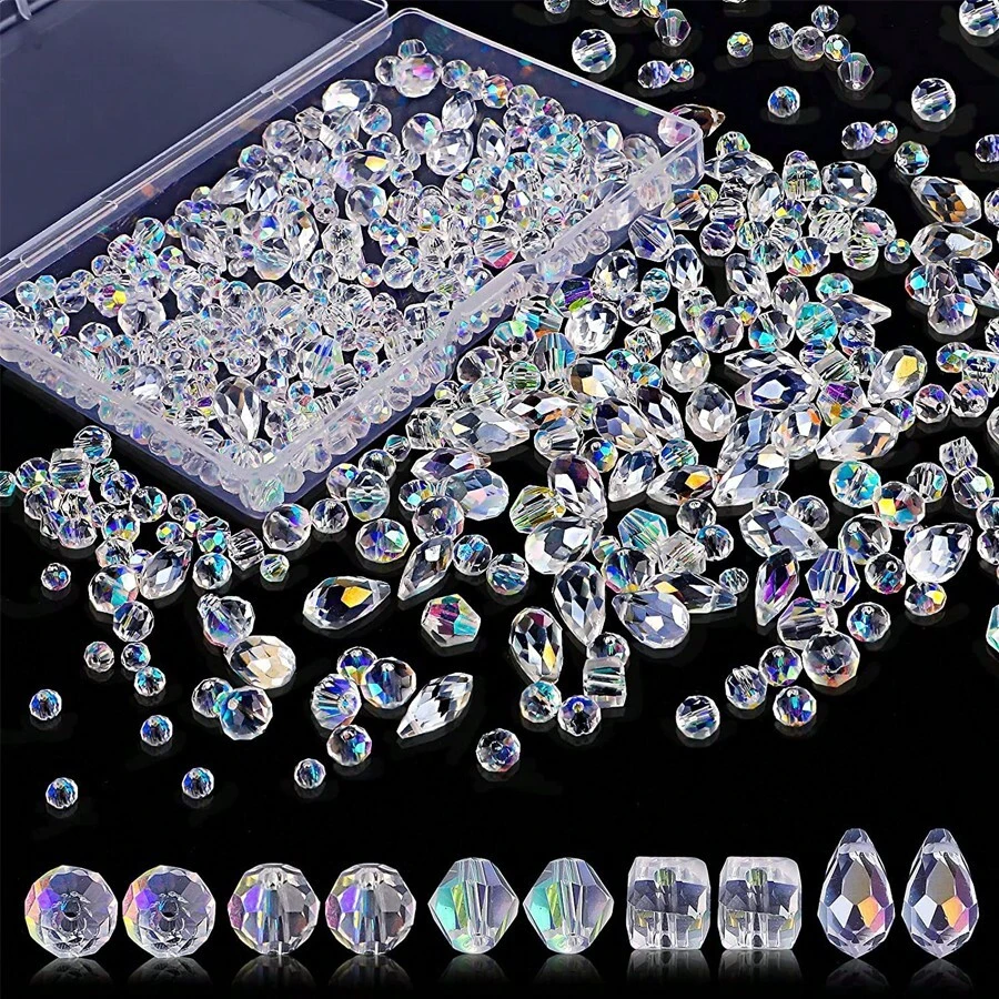 300/600 pièces Assortiment de perles en cristal pour la fabrication de bijoux avec boîte conteneur, perles en verre en vrac pour collier, bracelet, boucles d'oreilles DIY