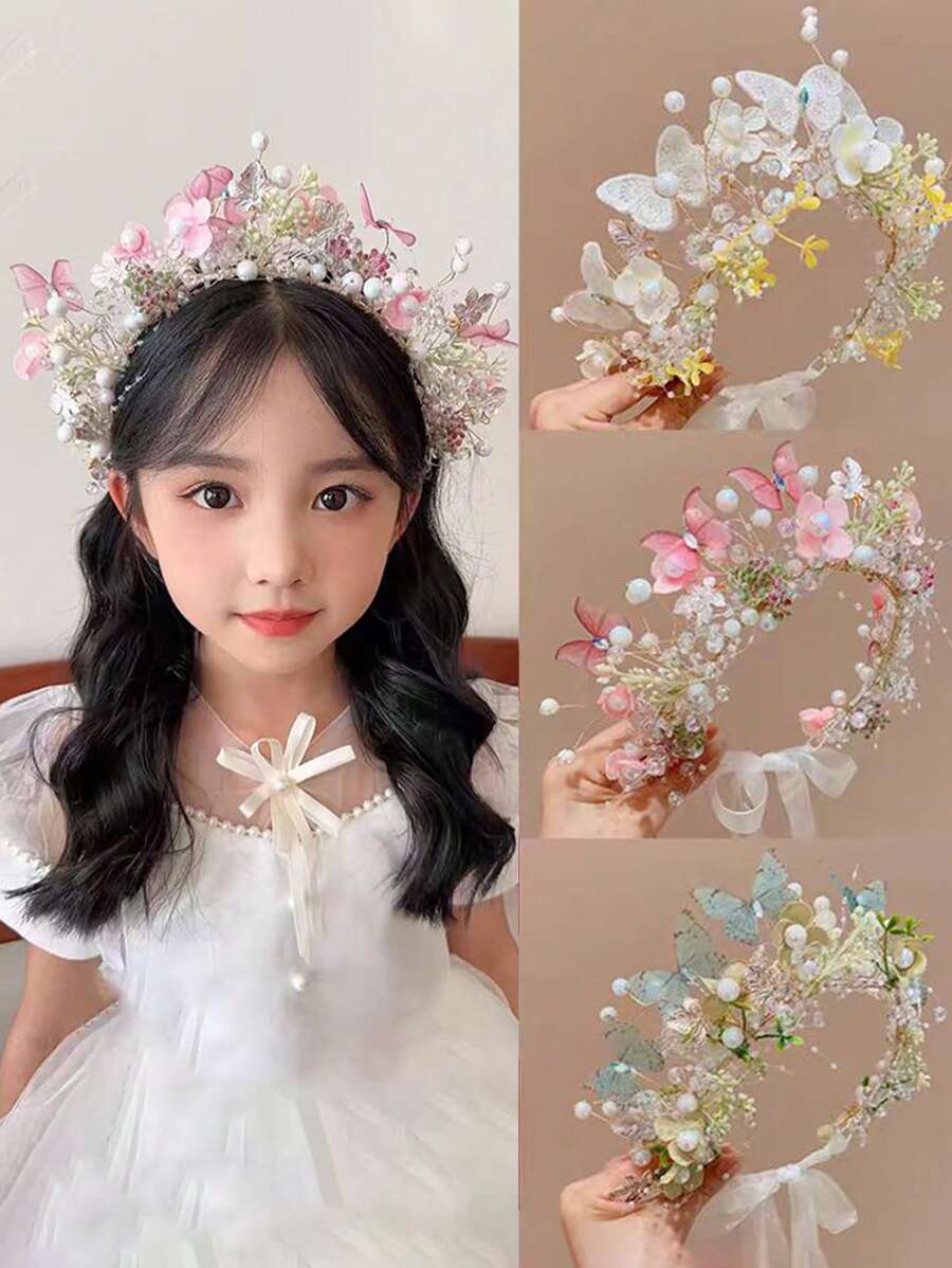 1 pieza Cinta de cabeza linda con estilo de princesa de hadas para niña, diadema de corona de mariposa y flor de red de estilo fresco y campestre, perfecta para dama de honor/boda/actuación en el escenario/viaje/vacaciones en la playa, etc. como decoración del cabello, también es un buen regalo