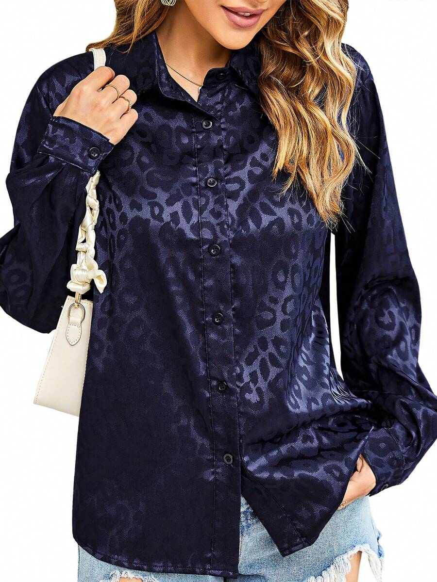 Leopard Stain Button Down Shirts For Women Roll Up Long Sleeve V Neck Casual Work Shirts