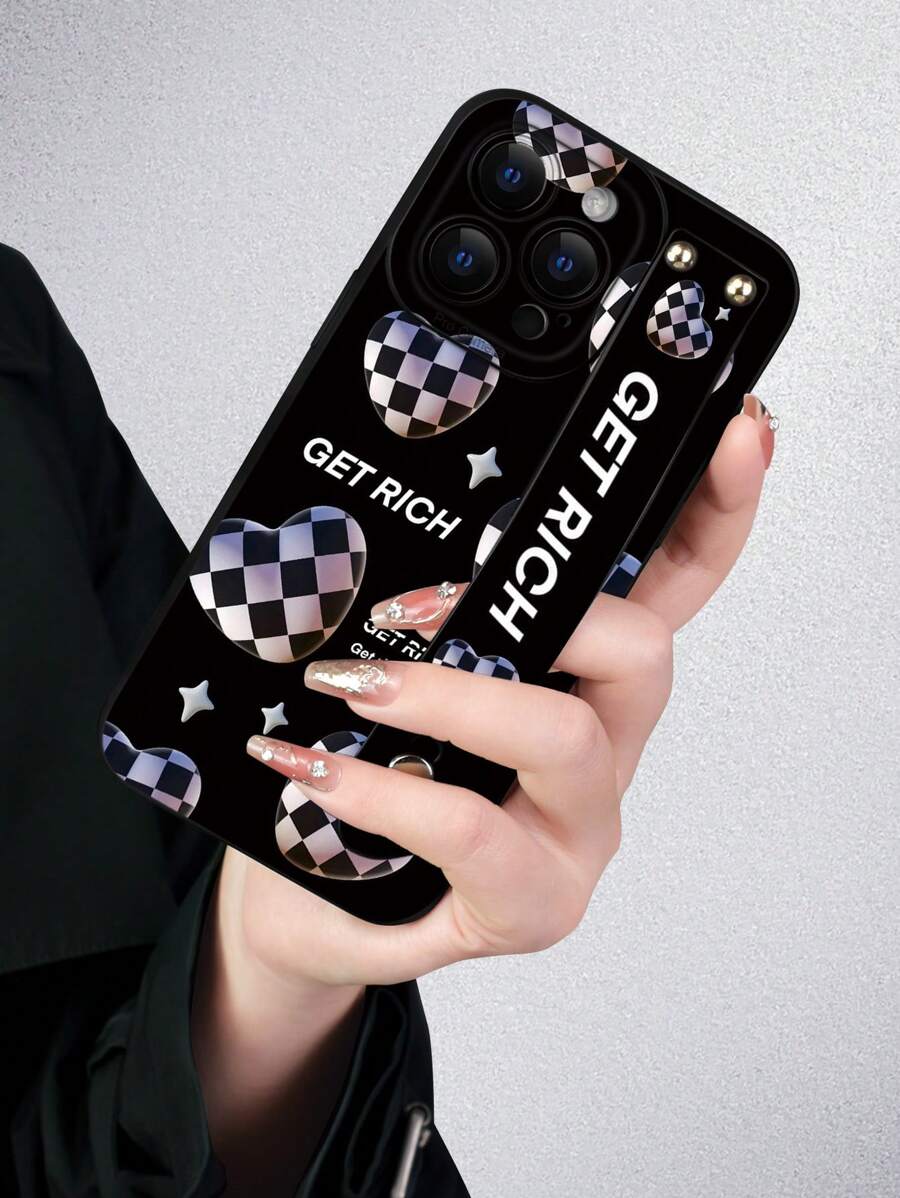 1pc Grid Heart Pattern Black Angel Eye Bracelet Matte Finish Full Protection Dustproof Water-Resistant TPU Case Compatible With IPhone 7/8/11/12/13/14/15/X/XR/Xs/Plus/Pro/Pro Max/Mini Series