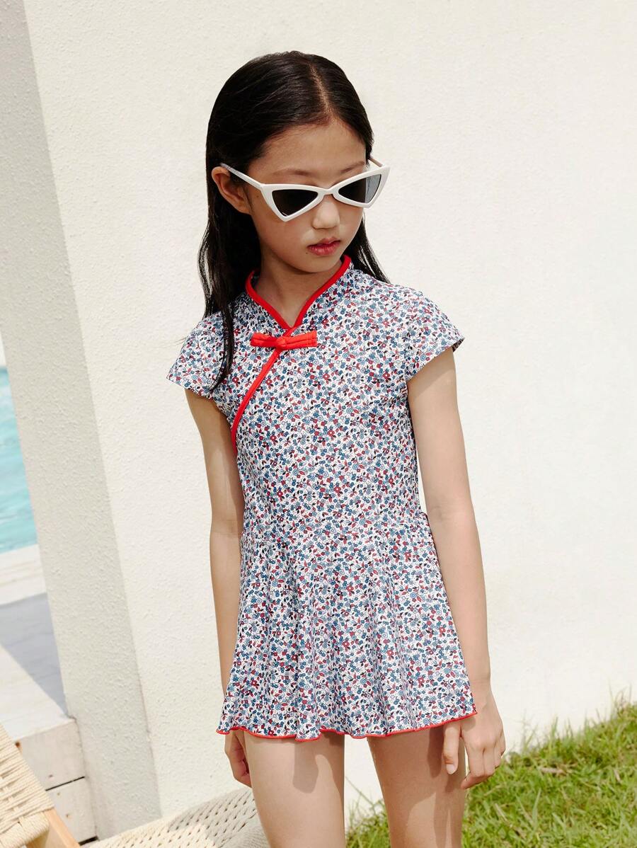 Annil Girls' One-Piece Swimming Dress Set Summer Chinese Style Cheongsam Elastic Band Swim Cap