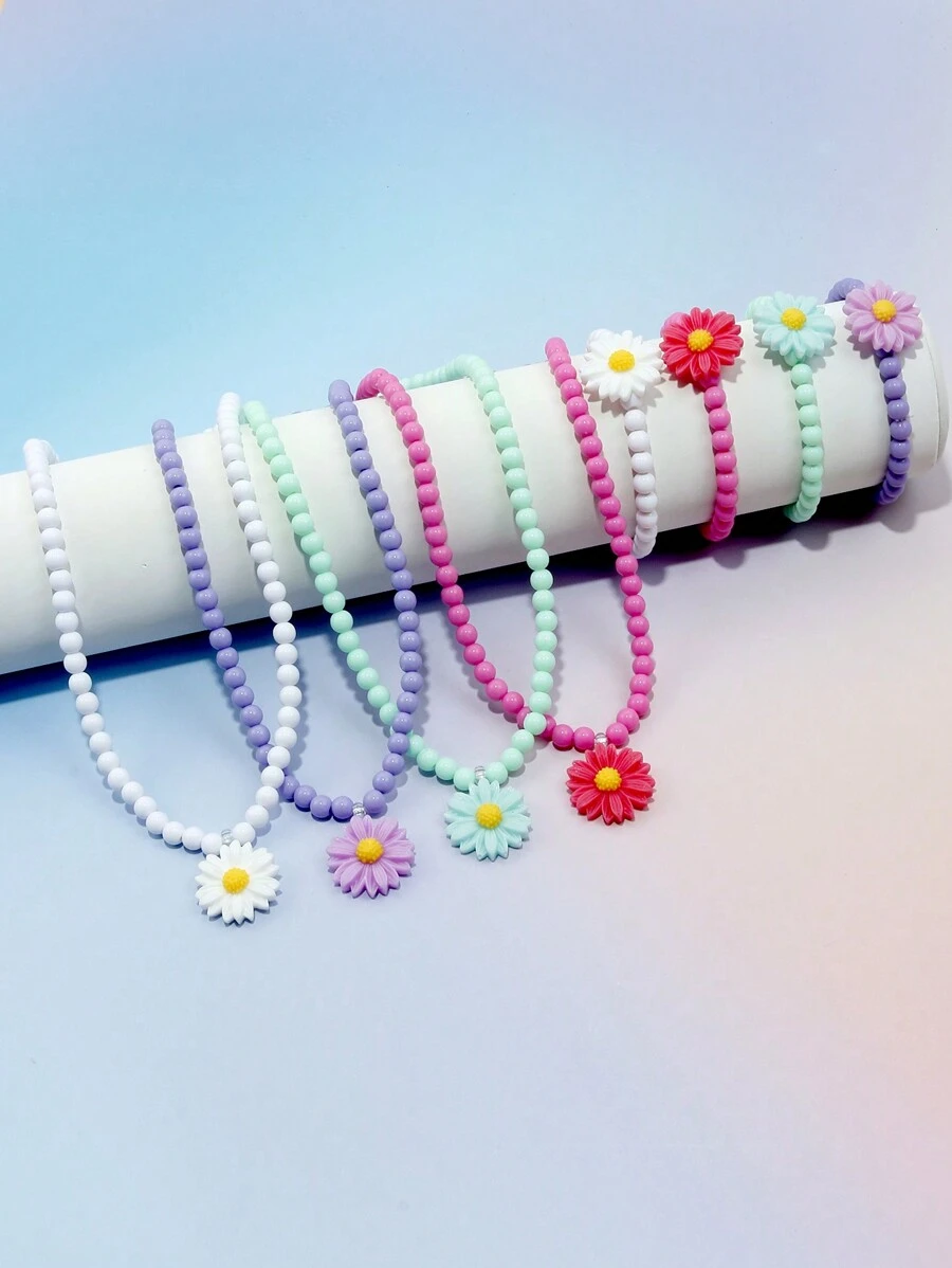 8pcs/Set Girls' Lovely Daisy Flower Pendant Necklace And Bracelet Set, Suitable For Holidays, Parties And Birthday Gifts