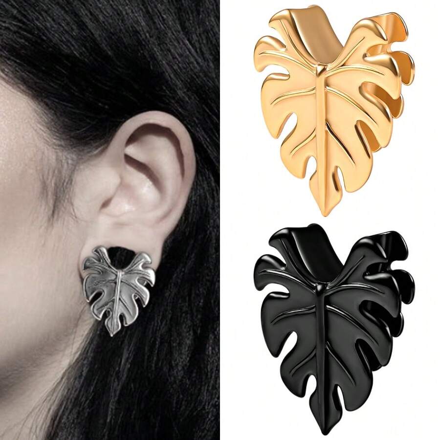 2 Piezas Nuevos Enchufes De Oreja De Silla De Moda Con Hojas, Túneles De Pendientes De Acero Inoxidable Para La Expansión Del Cuerpo Y Piercing De Joyas De Cuerpo