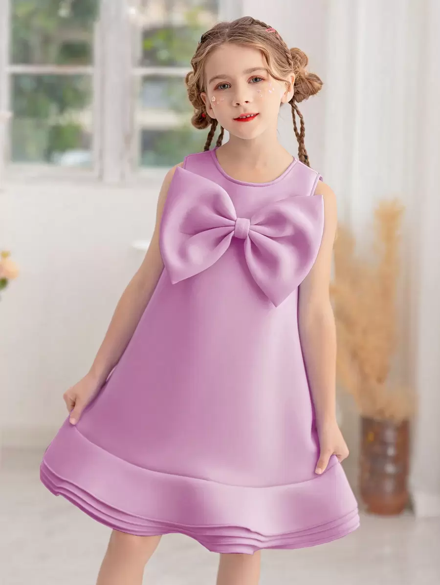 Vestido de festa sem mangas com laço para meninas, elegante vestido estilo princesa, adequado para presente de aniversário, festa, casamento, baile escolar, comemoração de feriados