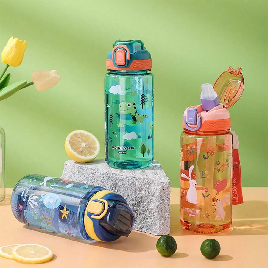 1pc 600ml Portable PC Sport Water Bottle, Cartoon Dinosaur Pattern Water Bottle For Outdoor