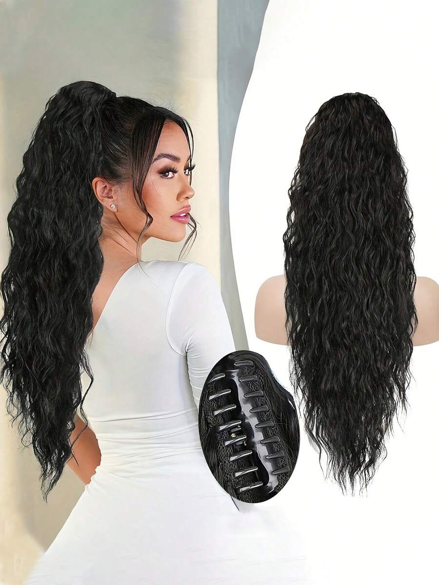 Claw Clip Ponytail, 24 Inch Black Ponytail Extensions, Women's Synthetic Long Curly Wave Clip-In Ponytail Extensions, Synthetic Wigs For Daily Party Use, Ponytail Wigs