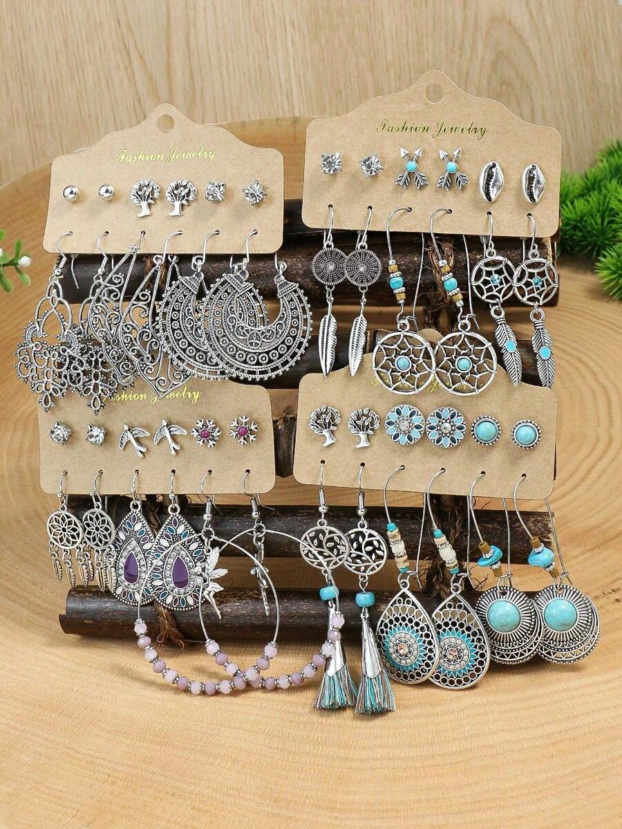TopHanqi Set de 24 pares de aretes de moda bohemios vintage para mujer, que incluye aretes de botón, atrapasueños, de strass, borlas y aros grandes, accesorios personalizados, artículos populares para uso diario, fotos casuales, fiestas, citas y el trabajo