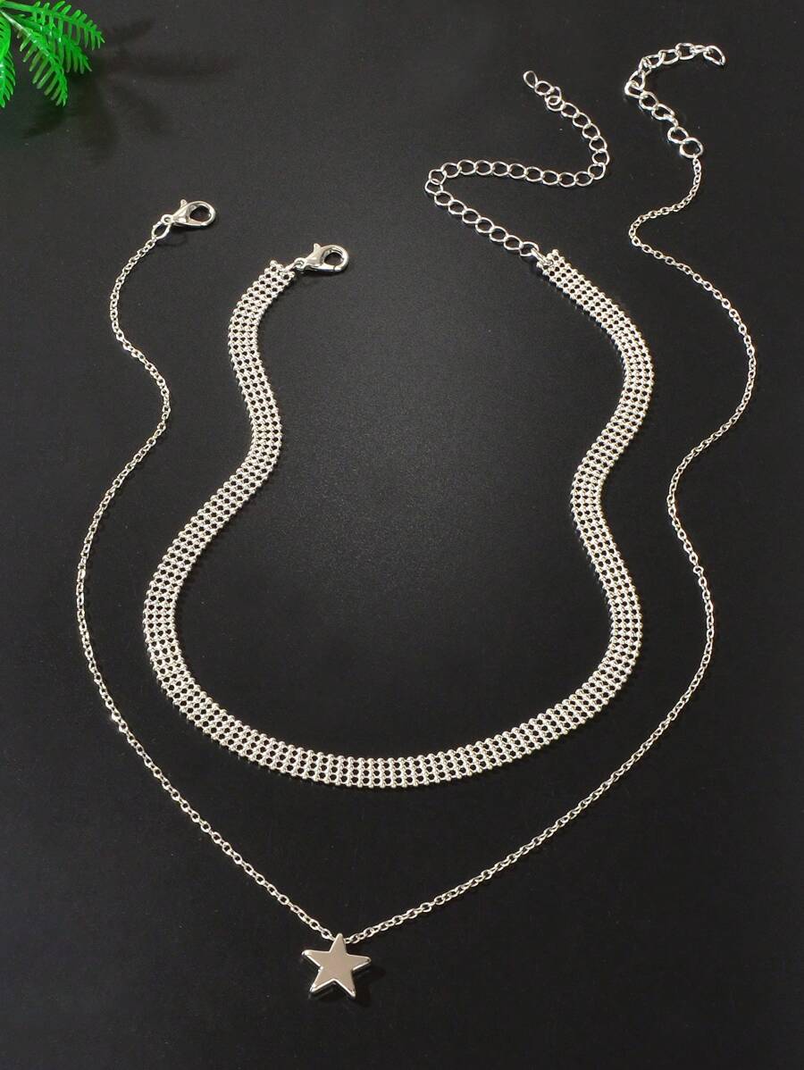 Conjunto de 2 peças de colar com pingente de estrela e corrente de contas de prata minimalistas para mulheres, conjunto de joias para escritório diário