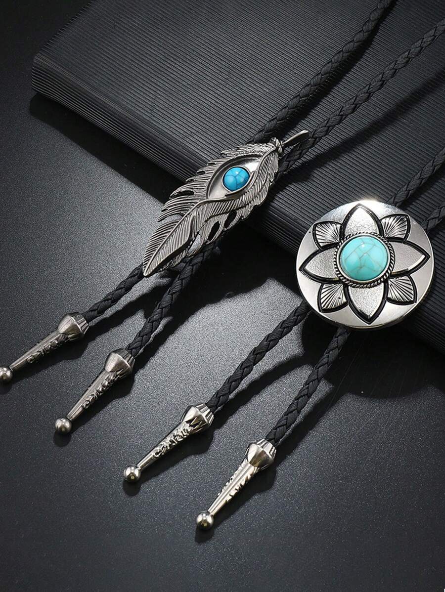 1 pieza Corbata de bolo punk estilo vintage con colgante de metal con plumas, accesorio de disfraz de vaquero occidental, colgante de cordón trenzado para hombres, niños y niñas