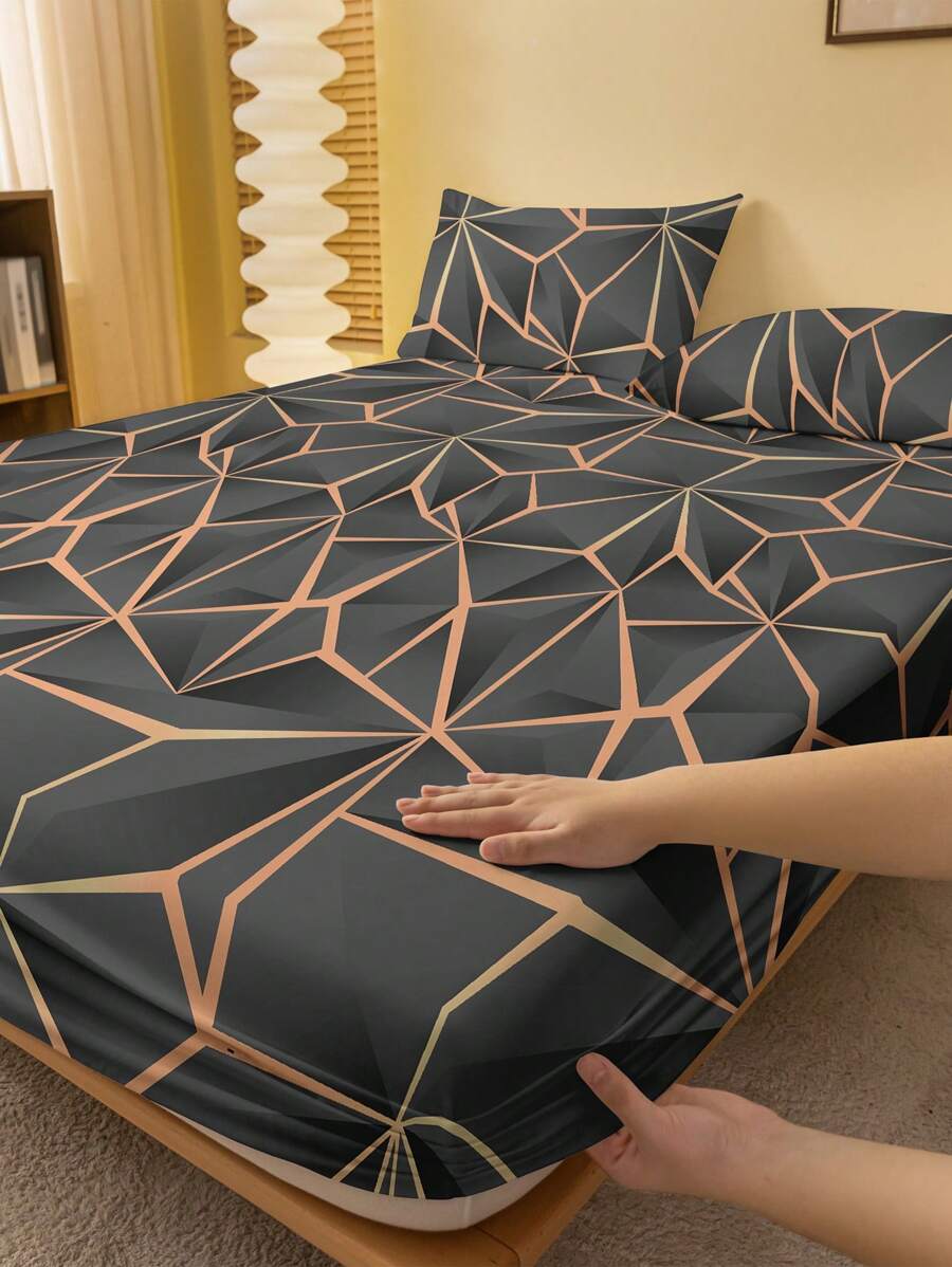 1 pièce Couvre-lit brossé imprimé doré, drap-housse imprimé pour la chambre à coucher, literie (taie d'oreiller non incluse)