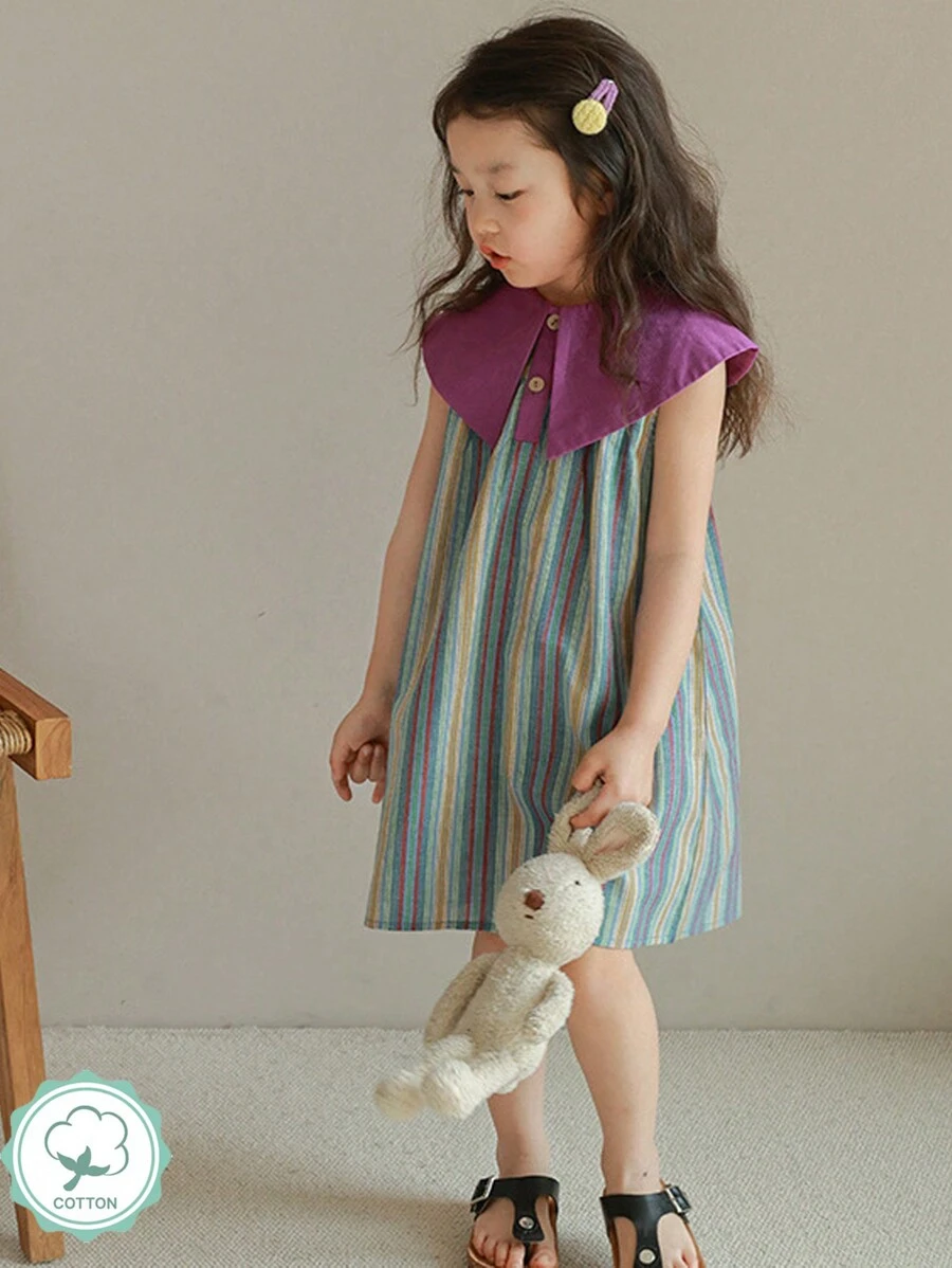 1 pièce Robe camisole vintage style blocs de couleurs rayé sans manches avec grand revers, pour l'été