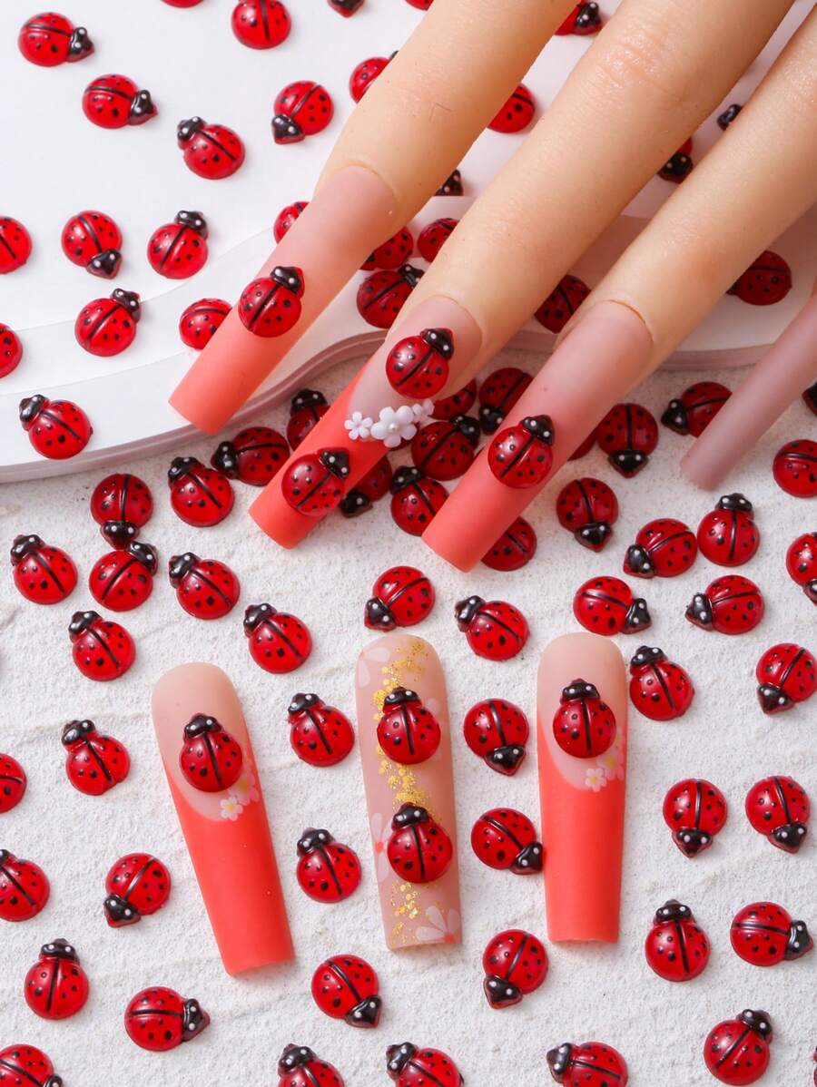 60pcs 3D Odorless Colorful Red Beetle Rhinestone Resin Decals Nail Art Rhinestones For DIY Wedding Crafts Kawaii Flatback Cartoon Insects Suitable For Luxury Nail Art, Crafts And Jewelry Accessories Rhinestone Decorations DIY Accessories Supplies Nail Charms Nail Supplies Nail Gems Four Seasons Styles