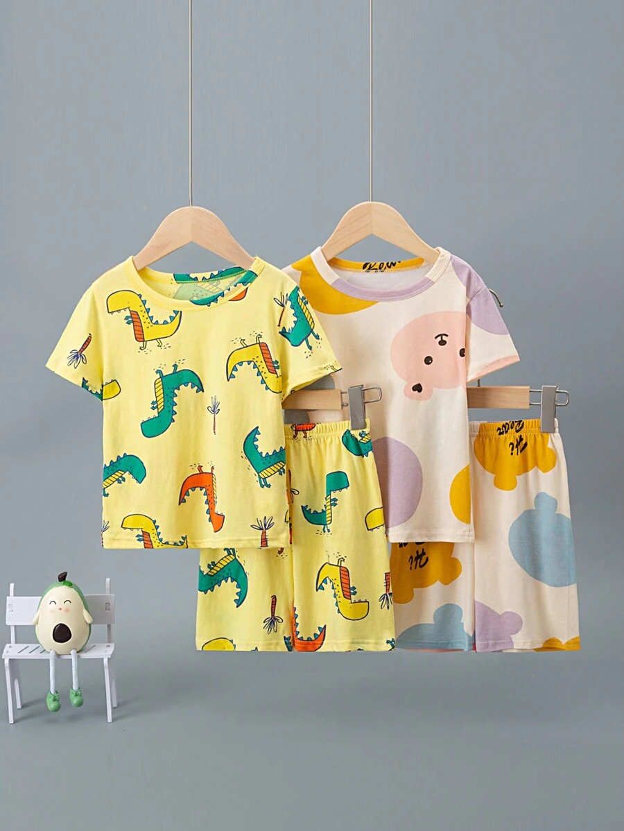 Set de 4 bucăți de pijamale de vară pentru băieți tineri, cămașă ușoară cu mânecă scurtă și pantaloni scurți cu model de dinozaur din desene animate