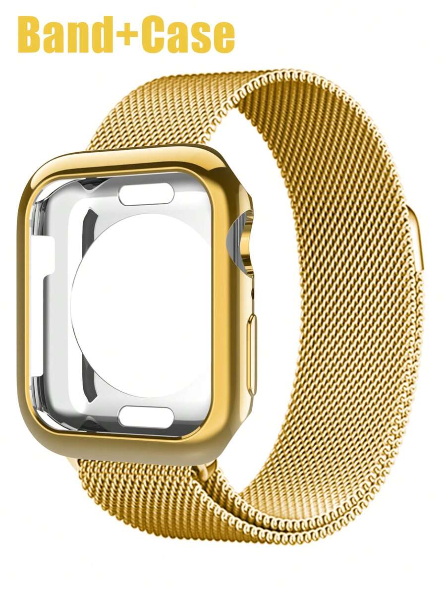 Compatible With Apple Watch Band And Case Combination Set Men's And Women's Fashion Business Casual Soft Breathable Loop-Type Stainless Steel Wire Braided Magnetic Buckle Strap + Soft Glossy Anti-Drop And Scratch-Resistant TPU Protective Case Compatible With Apple Watch 38/40/41/42/44/45/46/49MM