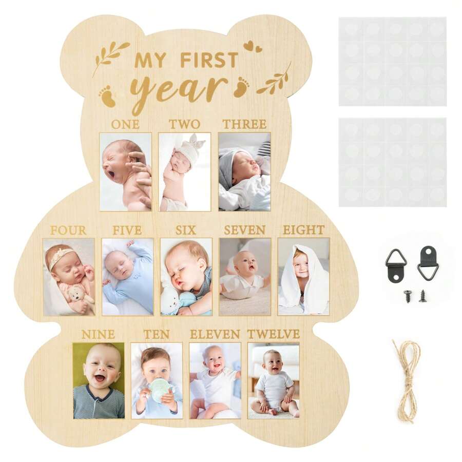 1PC Wooden Newborn Calendar Card Frame, Milestone Picture Frame For The First Year, Wooden Bear Shaped Baby Commemorative Picture Frame Baby Shower Family Decorations Gifts Baby Shower Easter Gift Things For Girls/Boys